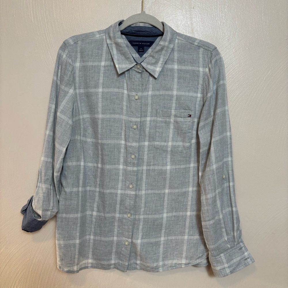 Tommy Hilfiger Women's Shirt‎ Plaid Button Down Rolled Sleeve Soft Cotton Size M